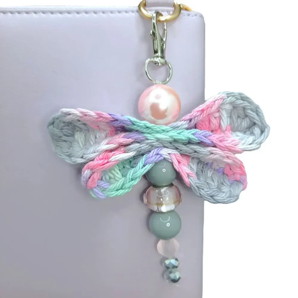 Crochet Winged Dragonfly Bag Charm Handmade Soft Pink Gray Beaded Purse Keychain